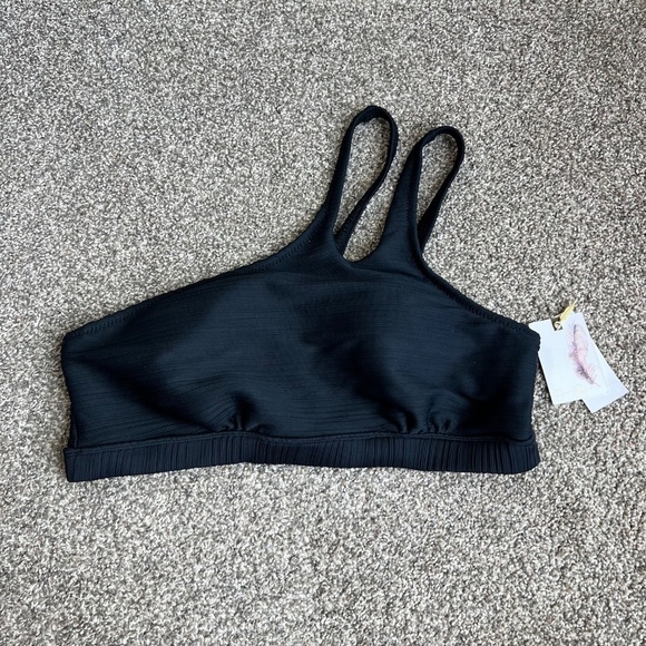 Jessica Simpson NWT Black Ribbed One Shoulder Swim Top, Size Large - Picture 3 of 8